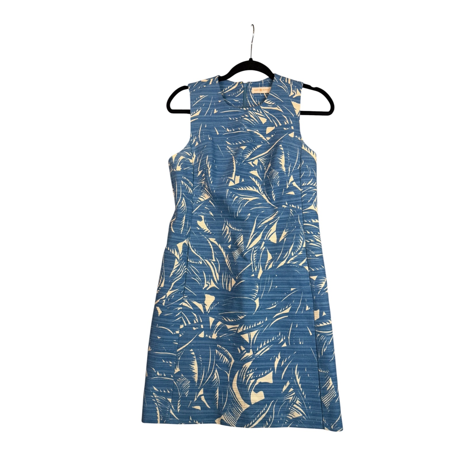 Tory Burch Blue Palm Leaf Print Sleeveless Shift Dress Size 4 Tropical Summer